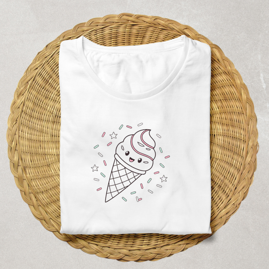Design t-shirt avec glace kawaii, idéal pour les fêtes d'anniversaire.