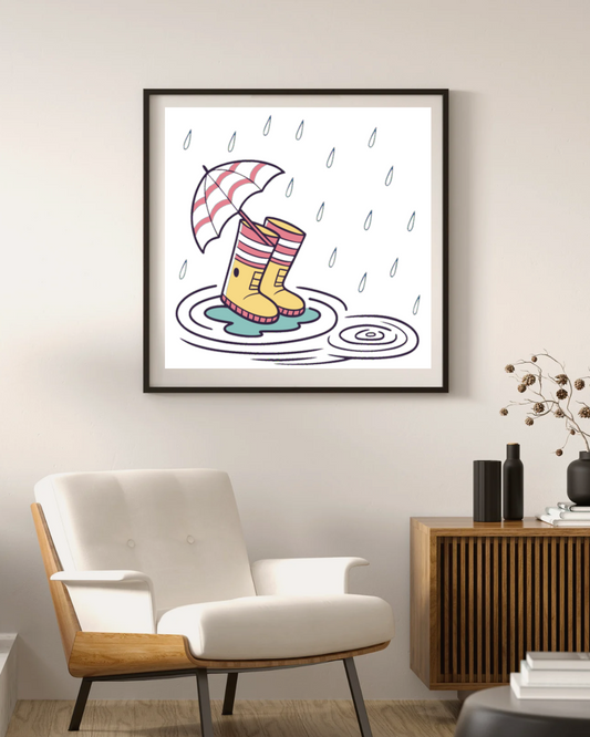 Cadre décoré d'illustrations doodle de bottes et parapluie ambiance jour de pluie
