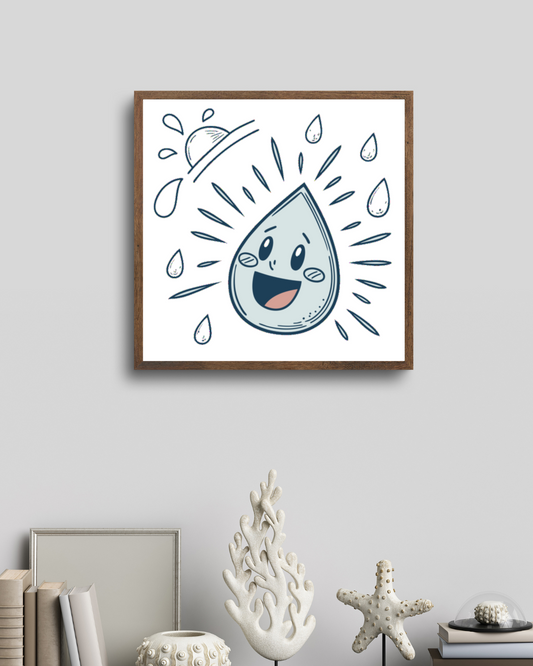 Cadre avec motif nature montrant une goutte souriante sous la pluie, design épuré