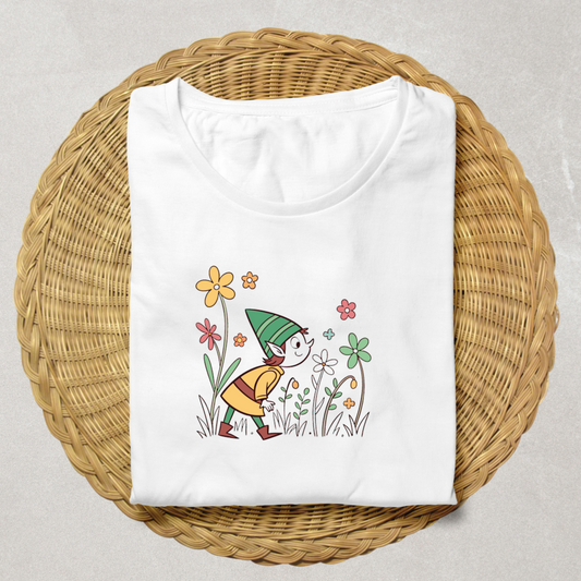 T-shirt mettant en scène un lutin joyeux dans un jardin en doodle nature