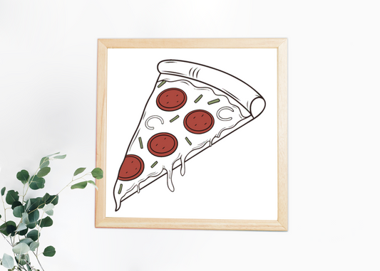 Cadre avec dessin appétissant de part de pizza fondante style illustratif coloré