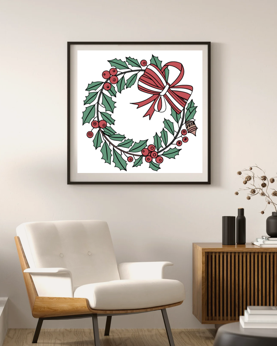 Cadre avec couronne de houx festive au style élégant pour une déco de Noël chaleureuse