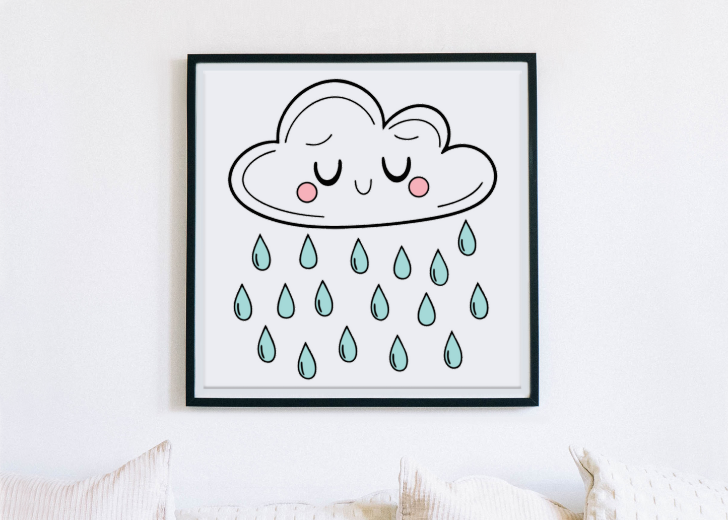 Cadre présentant un nuage endormi cartoon avec petites gouttelettes, thème météo apaisant