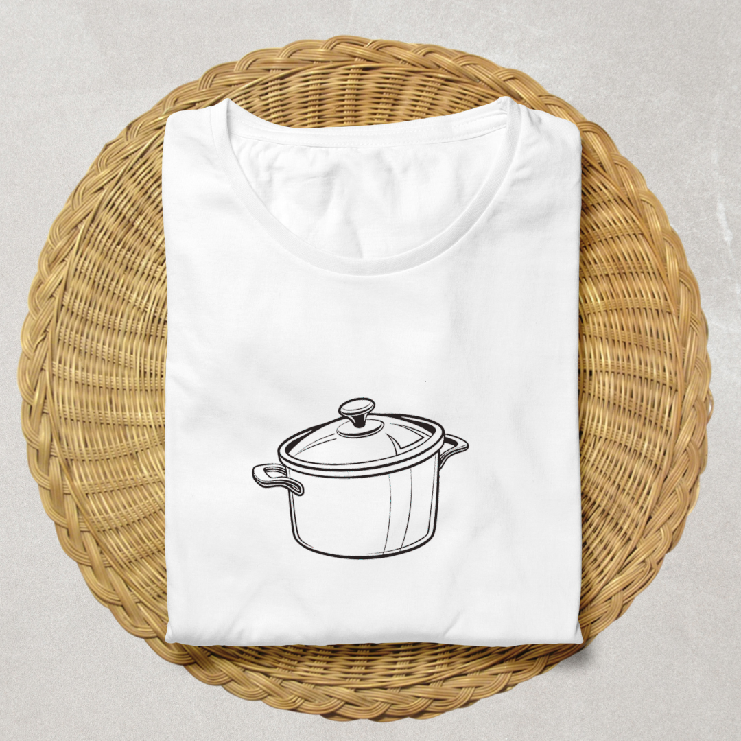 T-shirt avec cocotte fumante décorative en style flat pour passionnés de cuisine maison