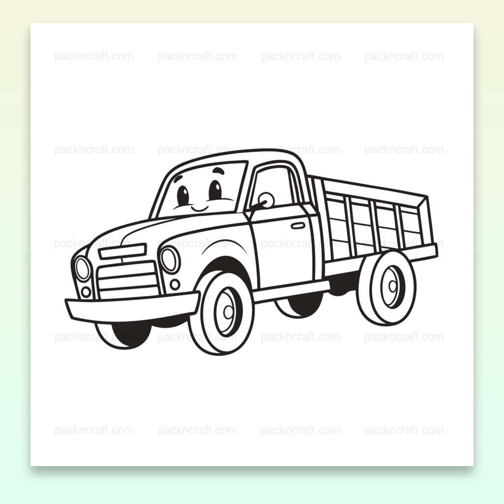 Camion souriant en illustration cartoon vectorielle, idéal pour déco enfantine.