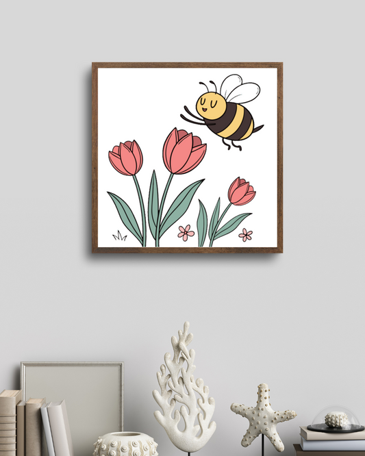 Cadre avec abeille pastel joyeuse sur tulipes, ambiance printanière et douce