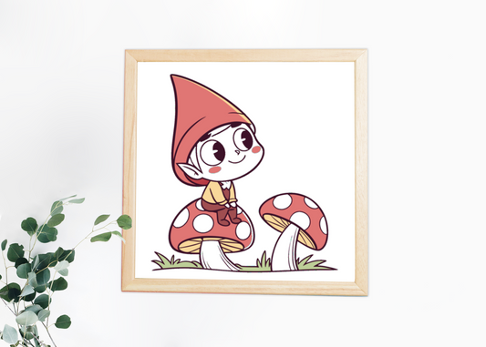 Cadre élégant avec un lutin rêveur sur champignon, ambiance cartoon féerique