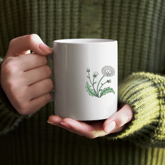 Mug avec doodle de pissenlit souriant évoquant le printemps joyeux et coloré