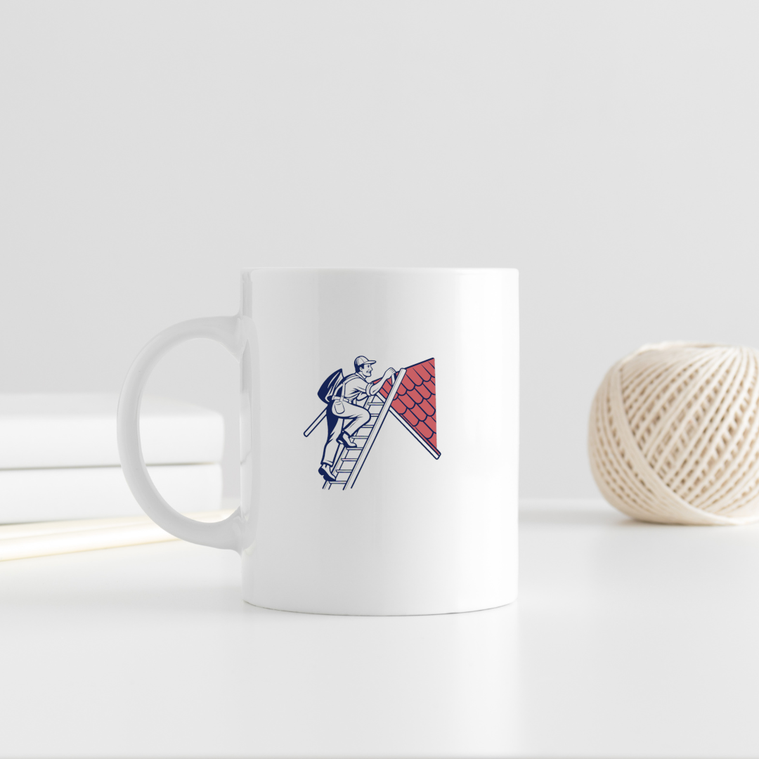 Illustration de couvreur sur échelle sur tasse blanche, design vintage., Couvreur montant une échelle, style vintage, idéal pour papeterie., Artwork de couvreur sur échelle, parfait pour impression cadre., Couvreur en action sur t-shirt, design SVG vintage., Sticker de couvreur montant à l'échelle, aspect vintage.