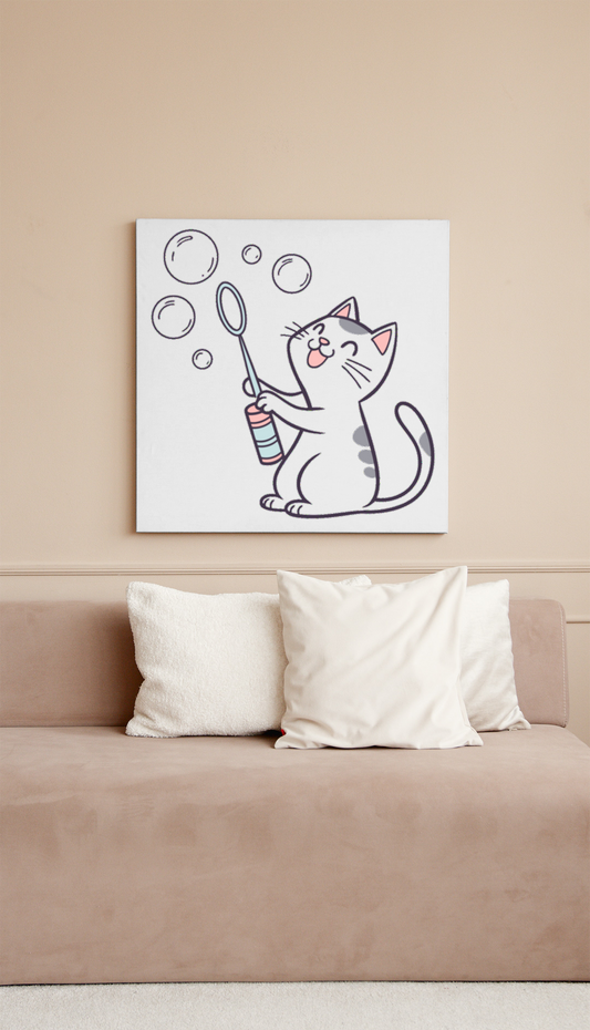 Cadre avec dessin pétillant d'un chat joyeux entouré de bulles flottantes