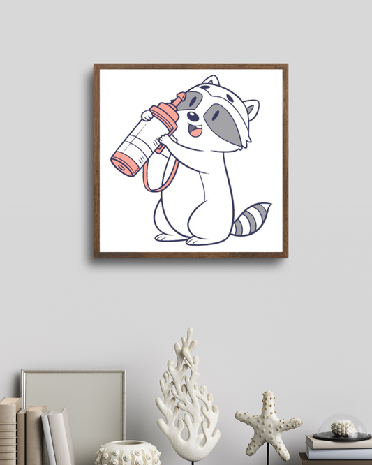 Cadre avec raton laveur joyeux portant une bouteille style kawaii thème nature