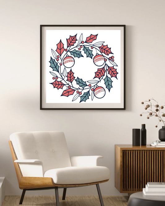 Cadre élégant avec couronne de houx festive, décor idéal pour ambiance de Noël