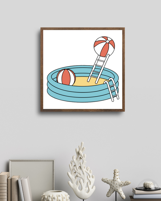 Cadre décoratif avec icône de piscine gonflable style cartoon pour ambiance estivale