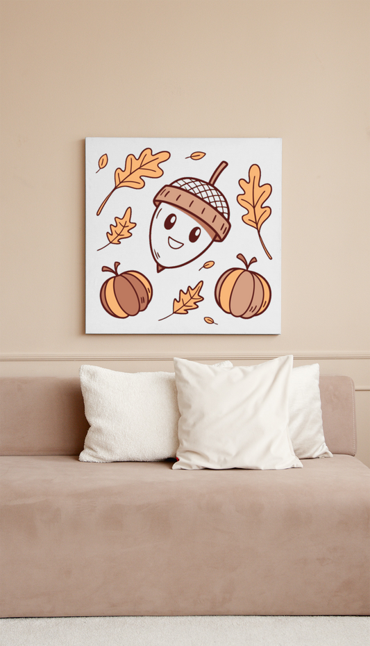 Cadre illustré d'un gland souriant ambiance automnale, style pastel forêt