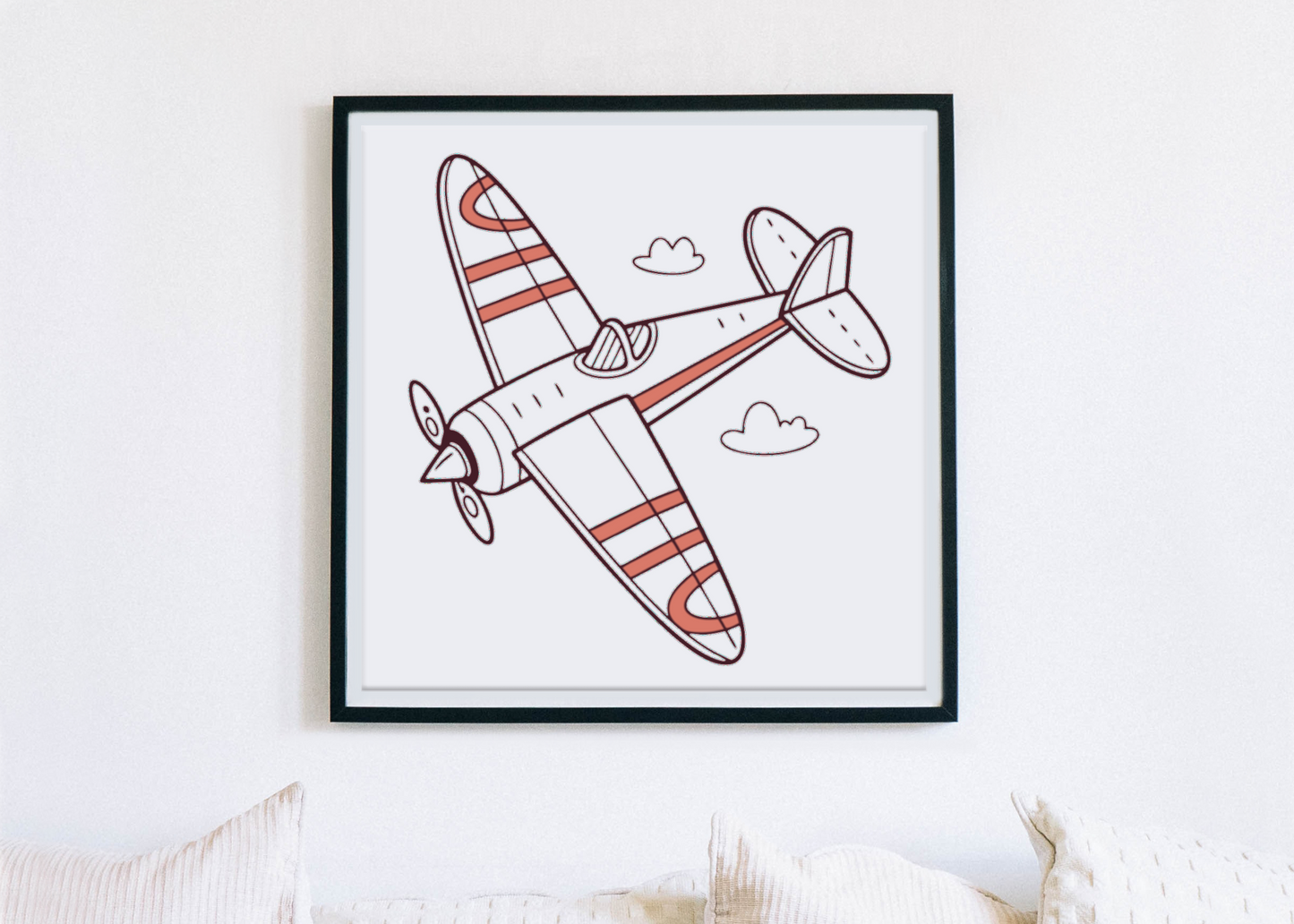Cadre artistique avec avion coloré en vol, style flat, évoquant une aventure aérienne
