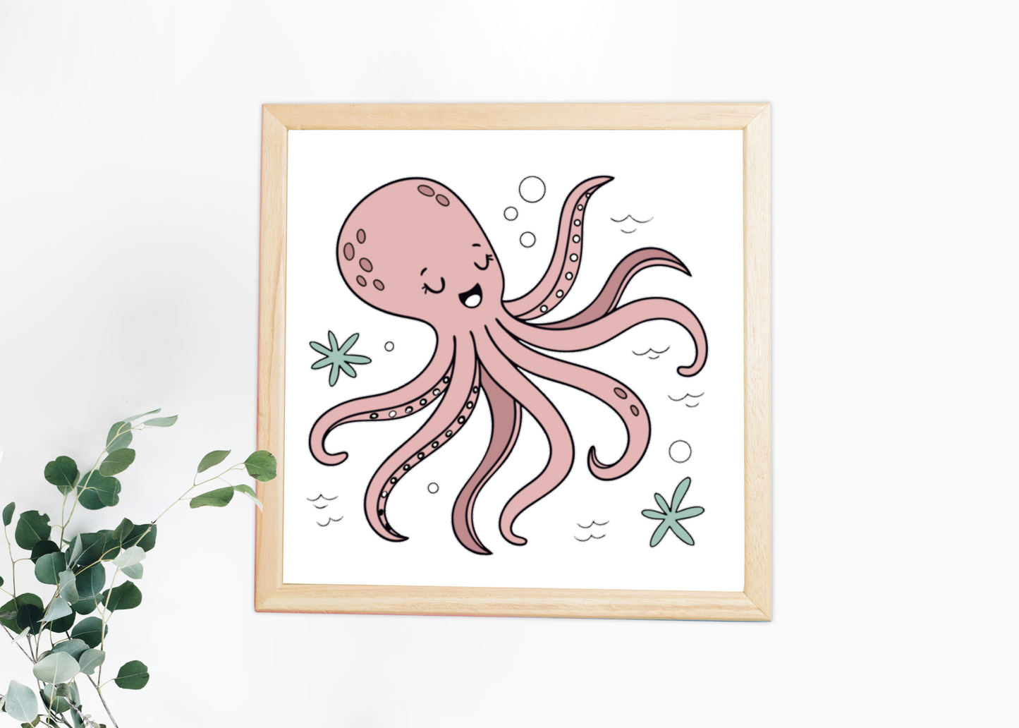 Cadre avec poulpe souriant dans tons pastel, parfait pour décor océanique