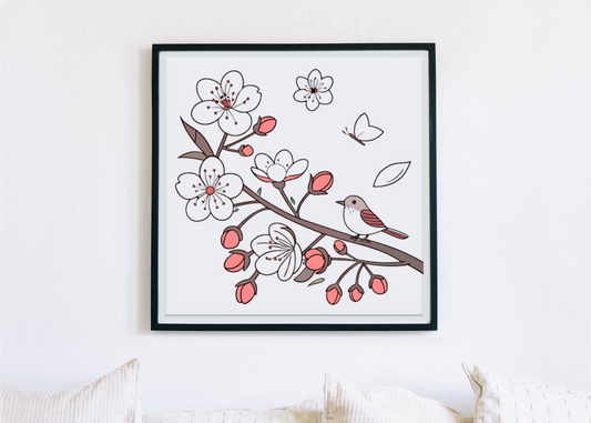 Cadre avec moineau stylisé parmi fleurs de cerisier dans un design printanier élégant