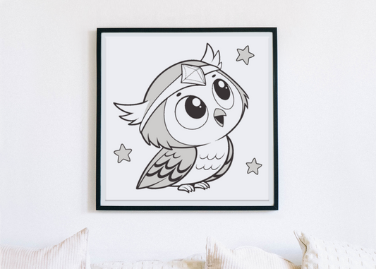 Cadre avec chouette émerveillée en style monochrome sur fond de nuit enchantée