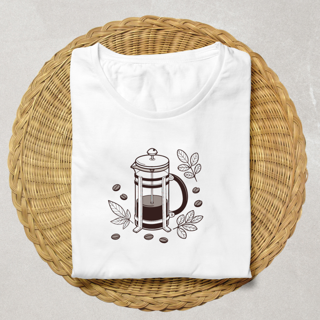 T-shirt décoré d'une cafetière à piston dans un style minimaliste tendance