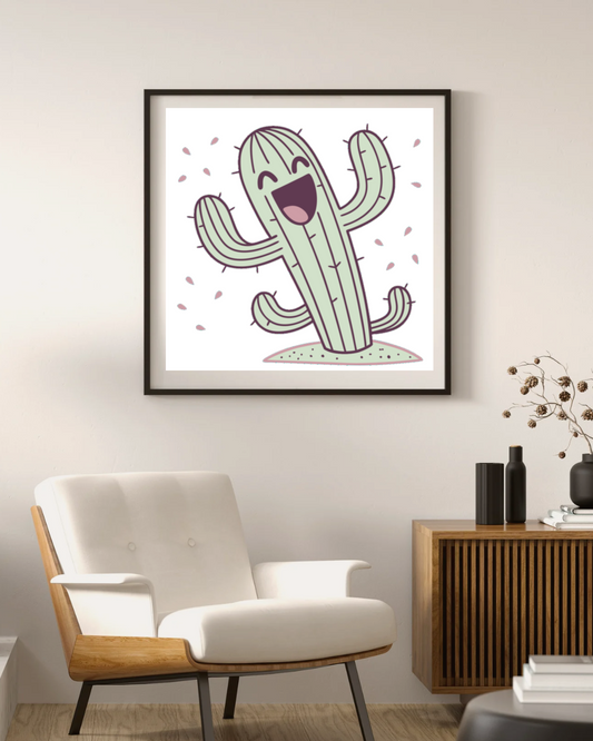 Cadre affichant un cactus drôle et joyeux, style désertique, parfait pour décorer