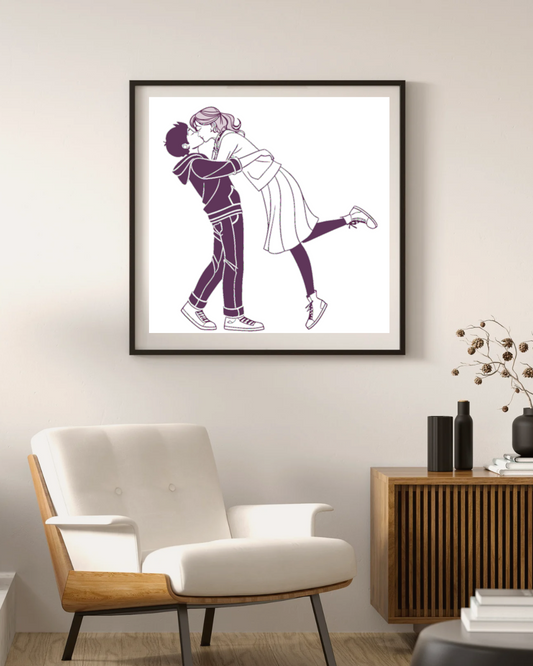 Cadre romantique avec un couple s'embrassant pour décoration