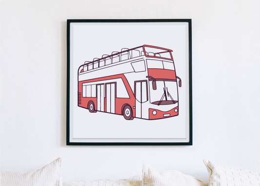 Cadre avec bus à impériale moderne style cartoon rétro voyage urbain