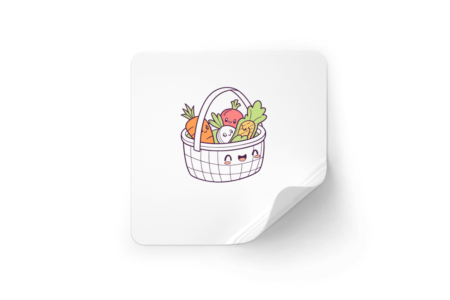 Sticker amusant avec panier de légumes souriants, idéal pour une cuisine joyeuse