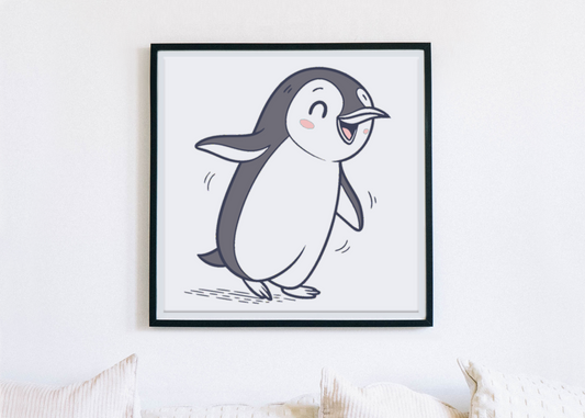 Cadre avec pingouin ludique en marche, parfait pour une décoration amusante