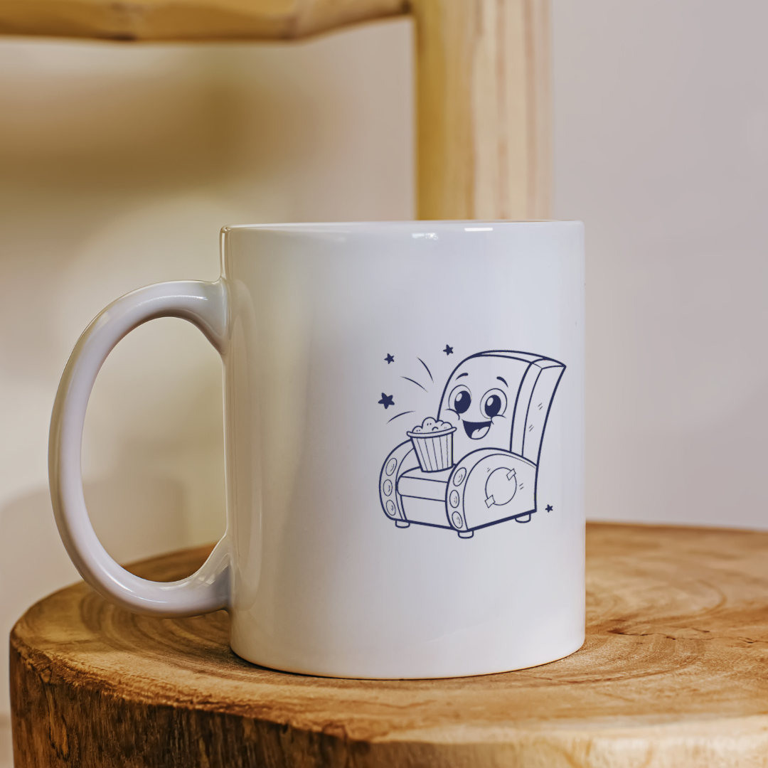 Mug blanc orné d'un fauteuil souriant avec popcorn style enfantin cinéma
