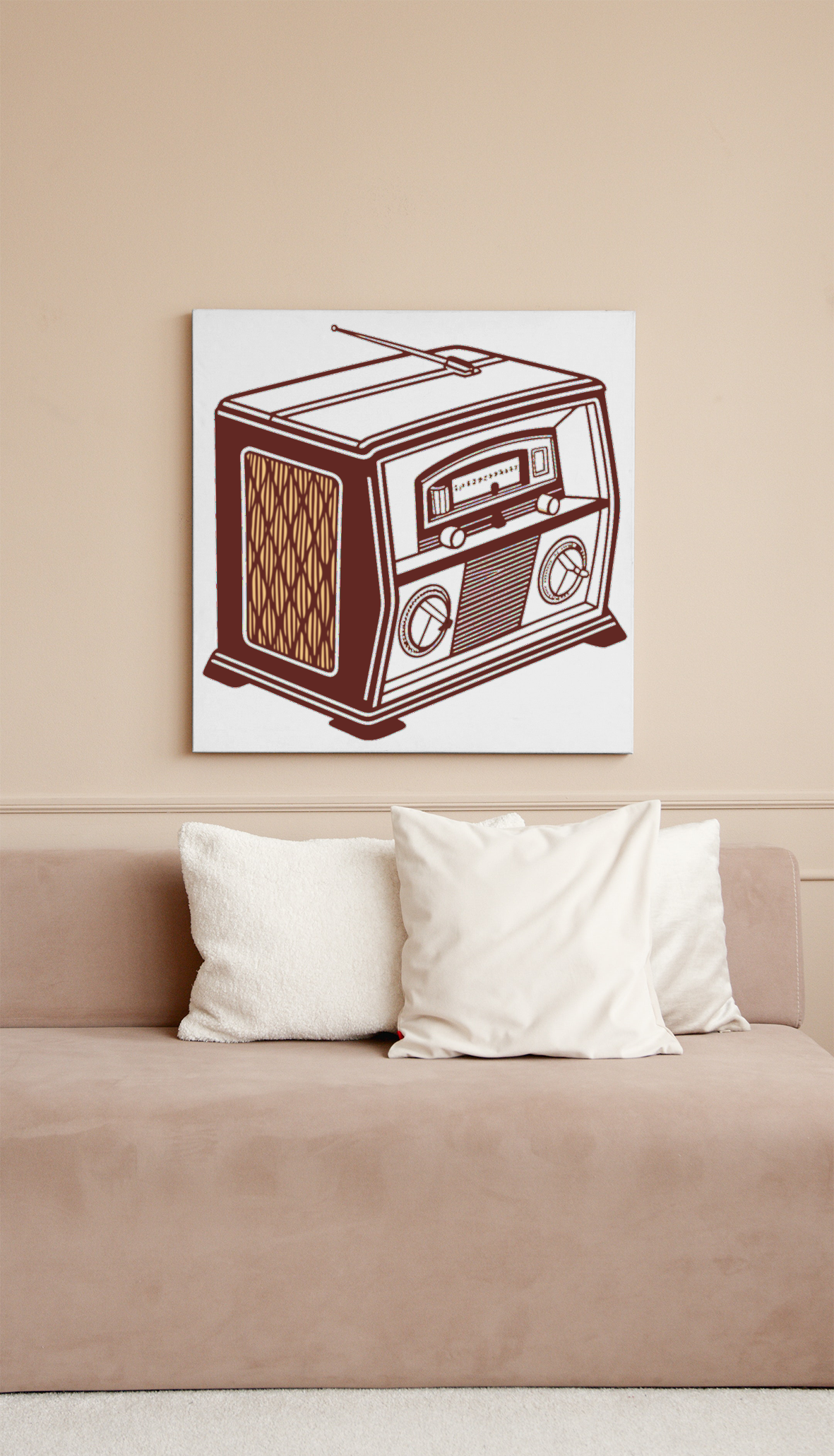 Radio vintage encadrée en déco murale, créant une ambiance rétro unique.
