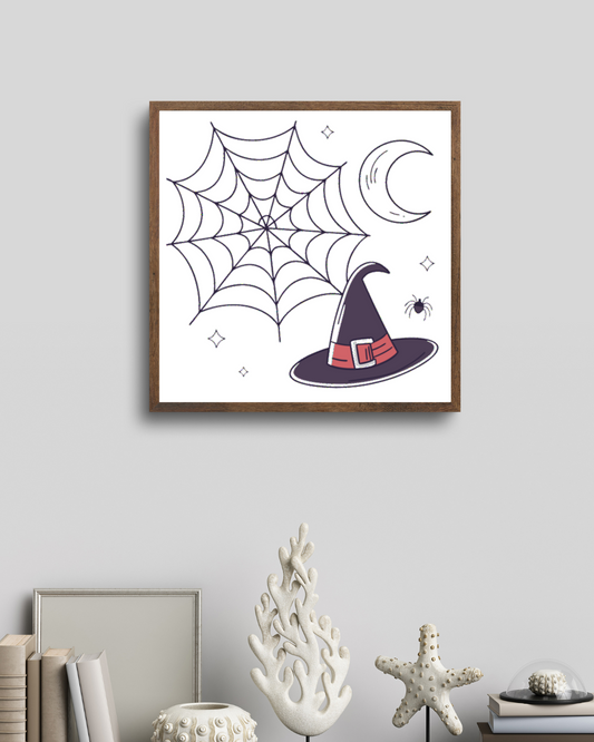 Cadre décoratif avec chapeau de sorcière et toile style doodle pour Halloween