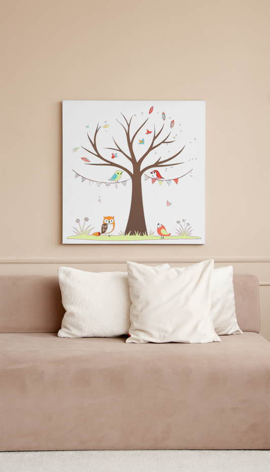 Cadre moderne avec motif pastel d'oiseaux joyeux en forêt calme et apaisante