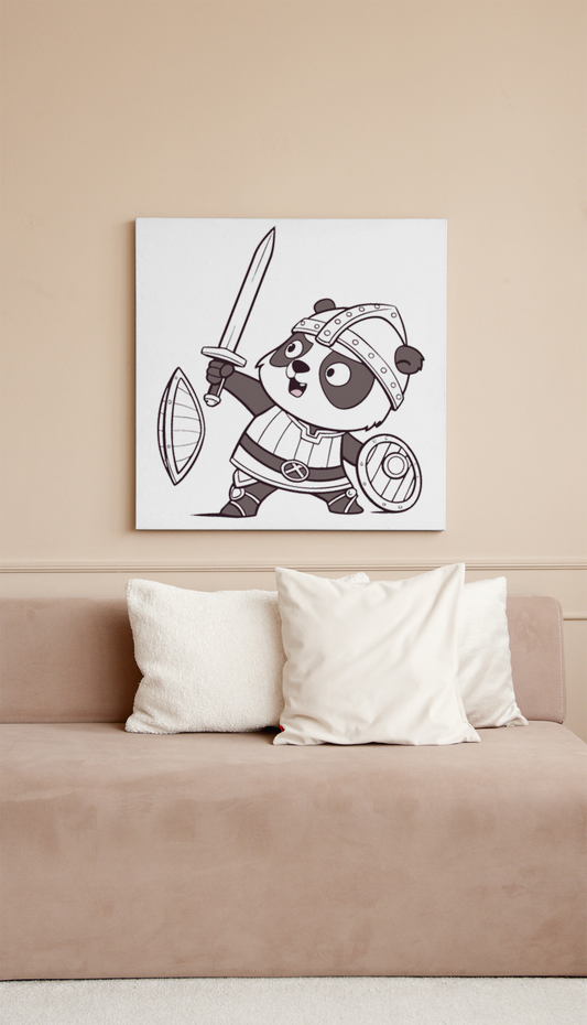 Cadre avec panda chevalier ludique en plein action, thème fantaisie vibrant
