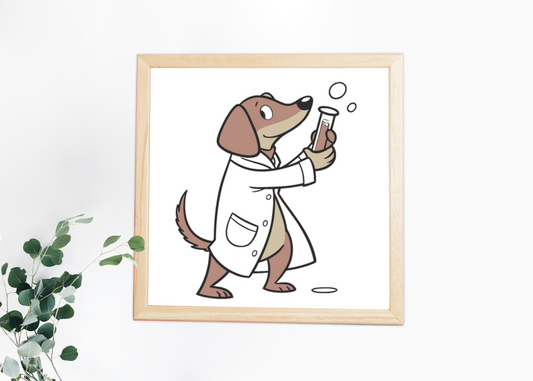 Cadre décoratif avec chien scientifique tenant une éprouvette amusante et éducative