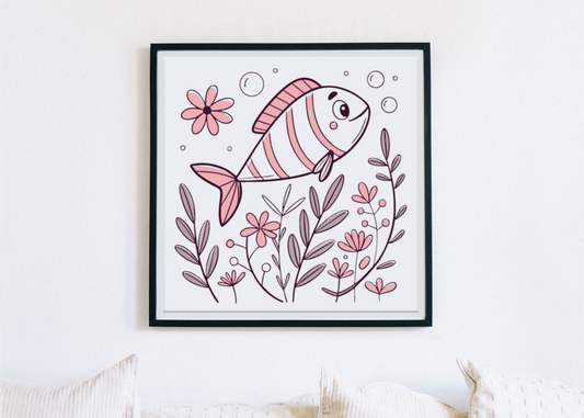 Cadre avec doodle de poisson pastel, ambiance marine et style mural élégant
