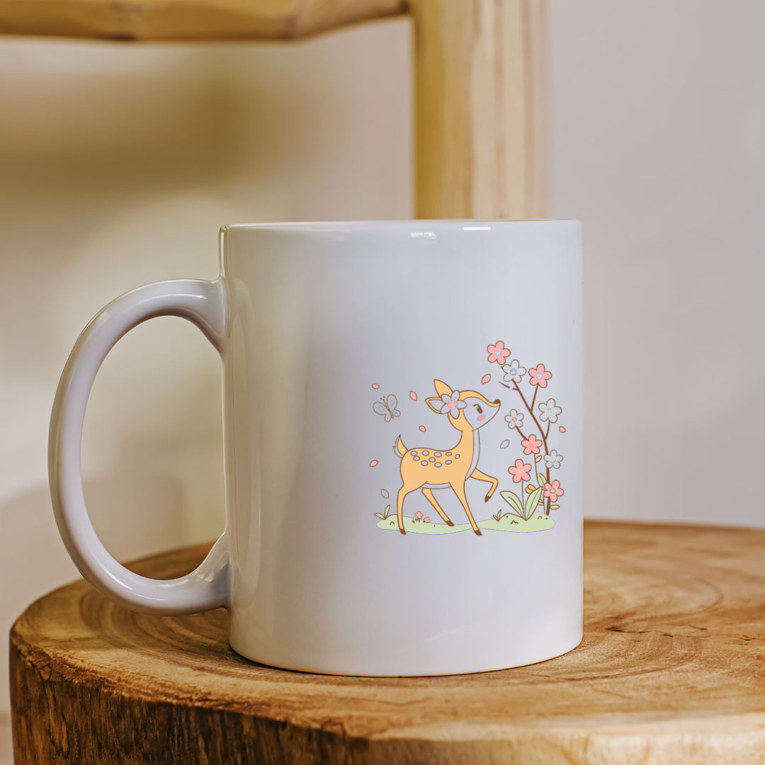 Mug aux tons pastel avec un faon curieux dans un décor printanier fleuri