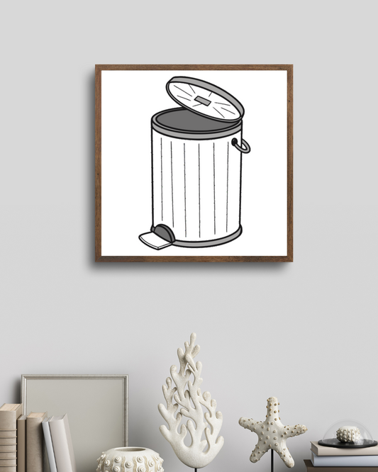 Cadre décoratif avec poubelle rétro illustrée en style minimaliste moderne