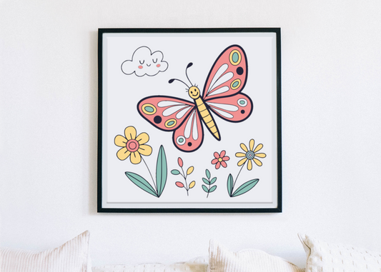 Cadre décoratif avec papillon dans un jardin fleuri pastel style printanier