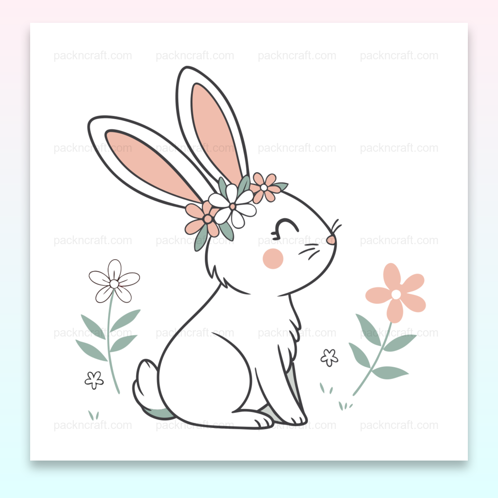 Illustration pastel d'un lapin avec fleurs, pour projets créatifs et déco.