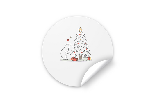 Sticker ourson rêveur avec sapin festif style minimaliste sur fond saisonnier