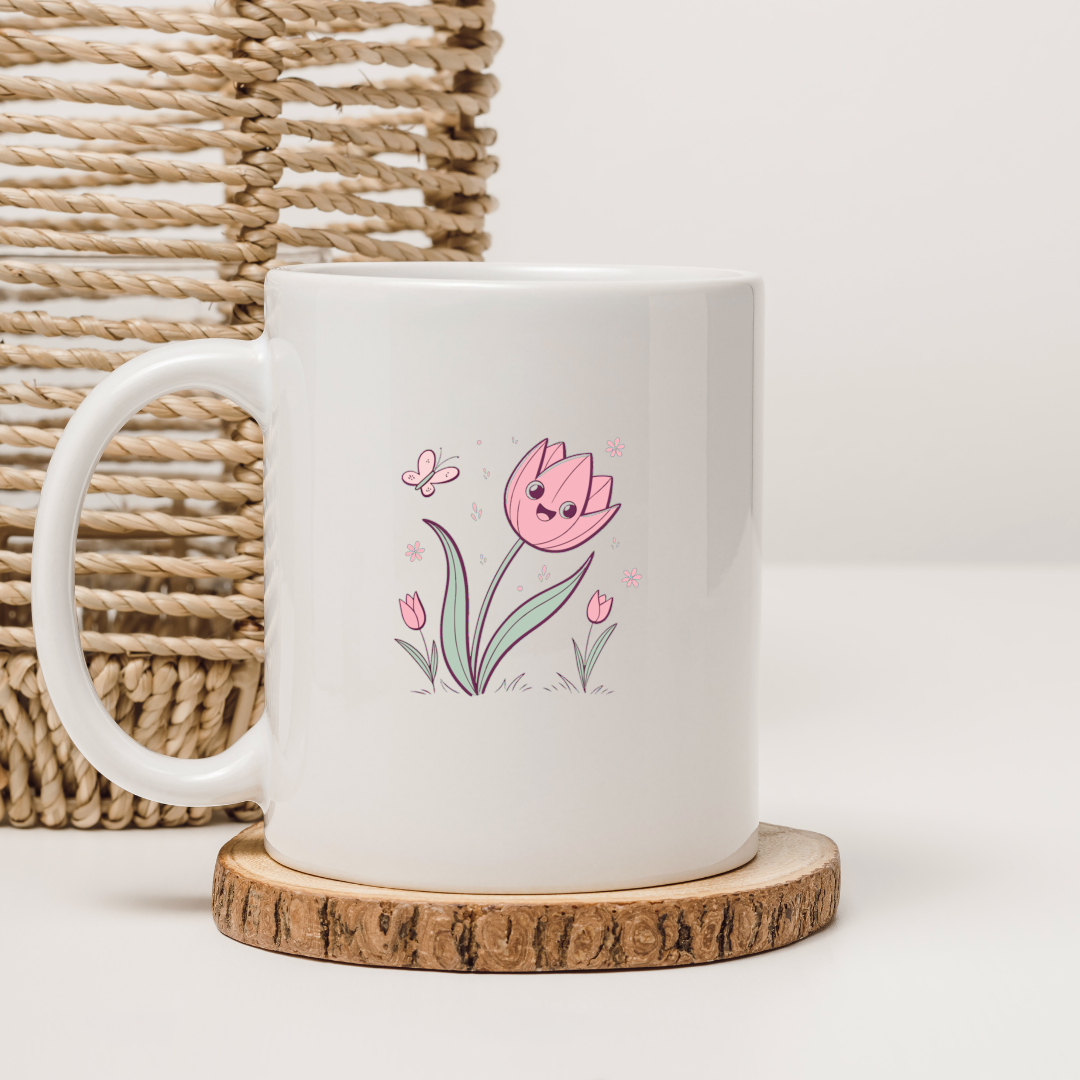 Mug printanier orné d'une tulipe souriante pastel avec papillon