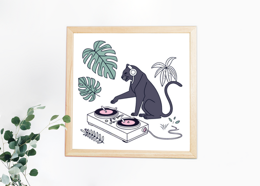 Cadre avec panthère animée DJ en jungle dans un style vectoriel vibrant