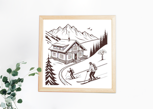Affiche encadrée de chalet alpin, style rétro