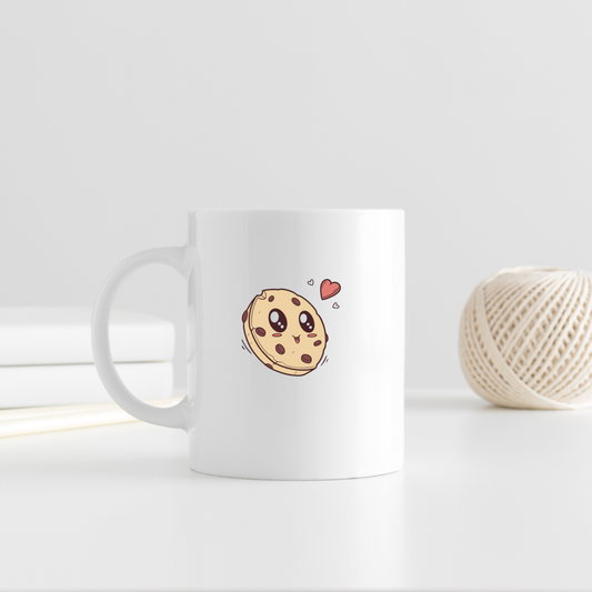 Mug décoratif avec design cookie kawaii et cœur, idéal pour cadeaux.