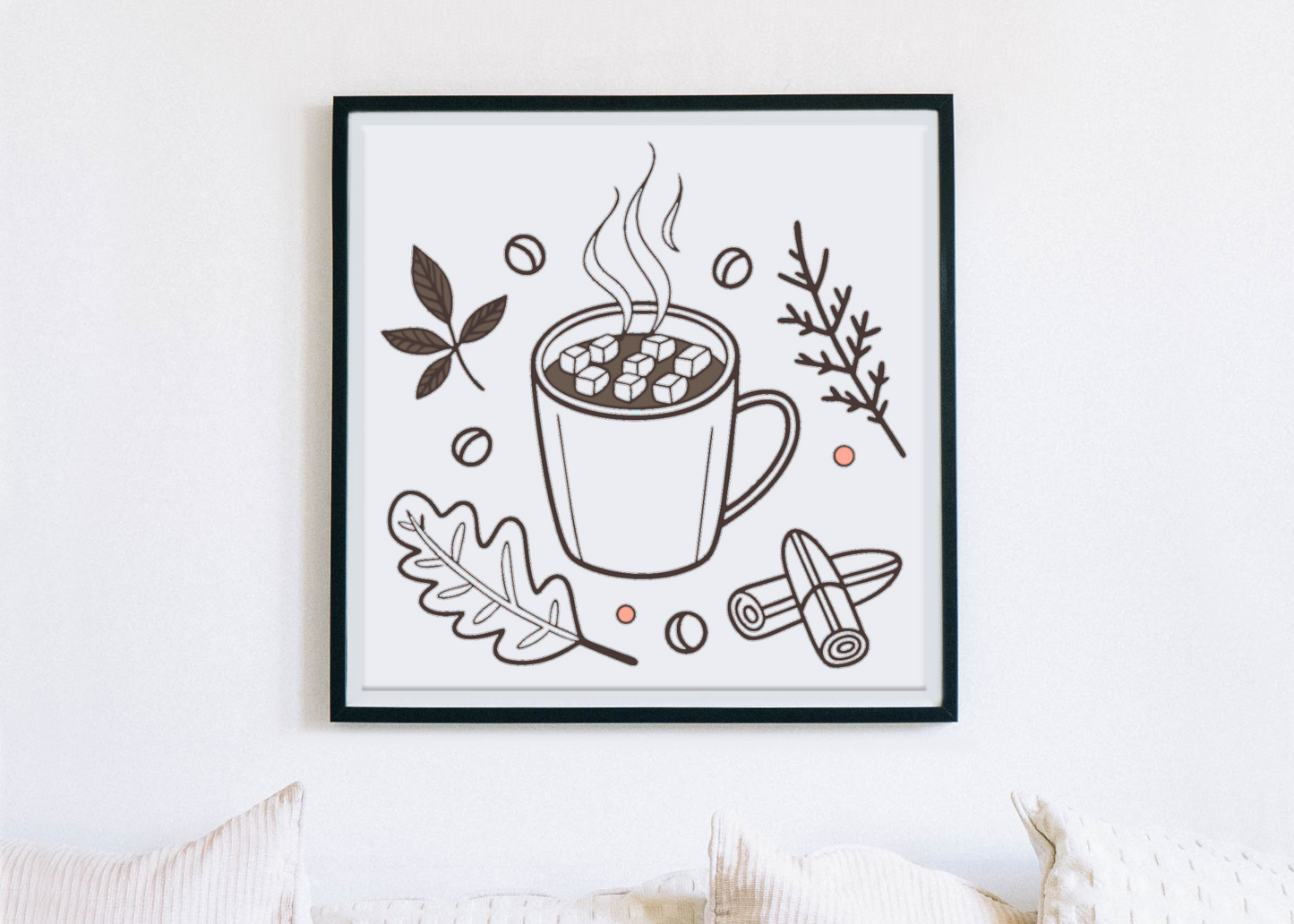 Cadre automnal avec visuel minimaliste d'une tasse de chocolat fumant, ambiance chaleureuse