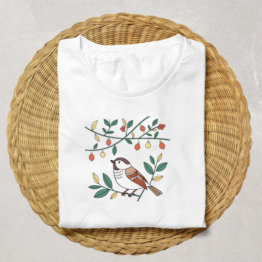 T-shirt charmant avec un motif d'oiseau en style pastel, ambiance sereine