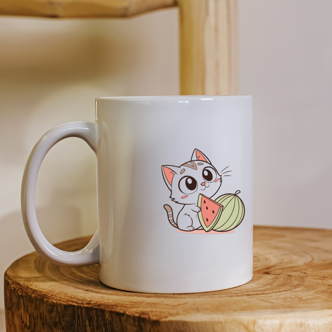 Mug kawaii avec chaton mignon tenant un melon dans des couleurs estivales