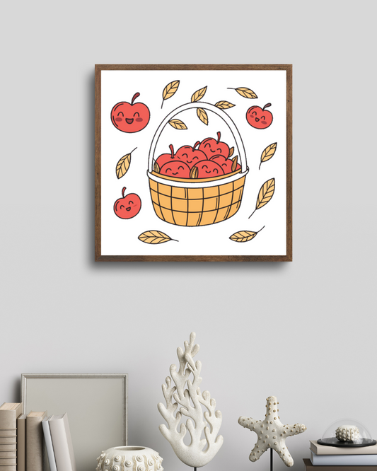 Cadre automnal avec pommes souriantes dans un panier design adorable et chaleureux