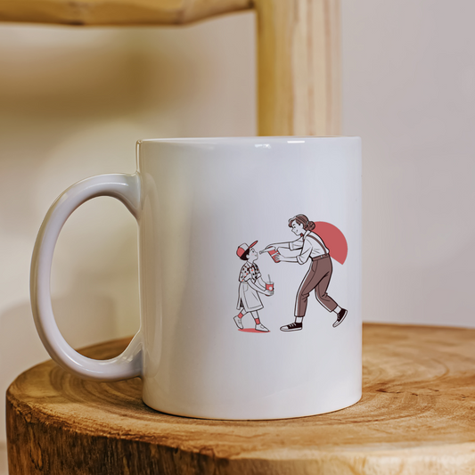 Visuel de mug illustré avec une serveuse rétro, ambiance vintage.