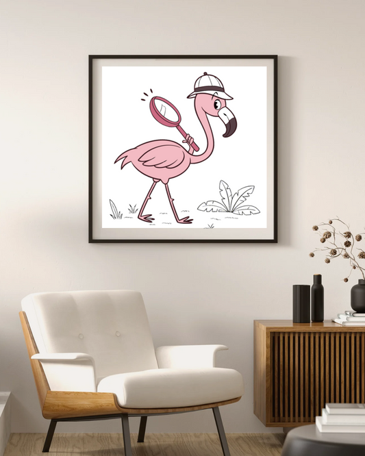 Cadre élégant affichant un flamant curieux en détective rendu au style numérique